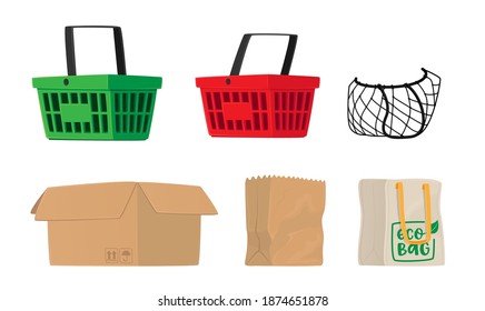 Set of Shopping Bags Isolated on White Background. Carton Box, Plastic Basket, String and Eco Bags. Accessories for Making Grocery Purchases, Empty Containers Collection. Cartoon Vector Illustration