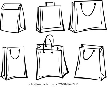 Set of shopping bags isolated on white background. Vector illustration of a doodle style.
