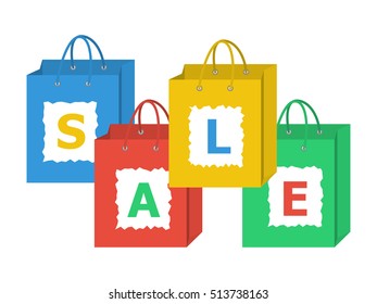Set of shopping bags with letters of sale word on them. Flat style vector illustration.
