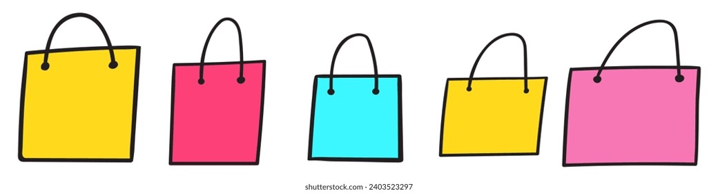 Set of shopping bags. Multicolored isolated icons. Flat illustrations on white background.