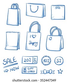 Set of shopping bags, paper and plastic bags, sales sticker. Hand drawn vector illustration.