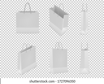 Set of shopping bags from plastic or paper with handles on transparent background. Vector illustration