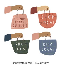 Set of shopping bags. Shop local, buy local, support local business. Illustration on white background.