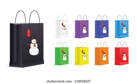 Set of Shopping Bags with Snowman. Vector illustration