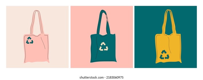 Juego de bolsas de compra conjunto de tres ilustraciones de vector dibujadas a mano. Compras, concepto de venta. bolsas ecológicas de tela en blanco o de algodón bolsas de tela de hilados, bolsas vacías y tela de tela de símbolo de reciclado verde bolsa ecológica g