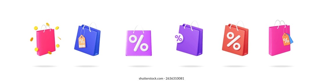 Set of shopping bags with various discount symbols and floating coins. Concept for promotion, sale, online purchase, and retail offer.