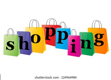 Set of shopping bags with the word shopping on white background