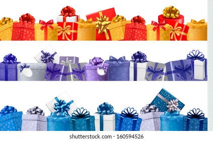 Set of shopping banners with gift colorful boxes with bow and ribbons. Vector