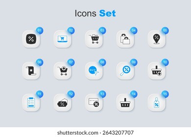 Set Shopping basket, Add to cart, on screen laptop, Clipboard with checklist, Discount percent tag,  and Buy button icon. Vector