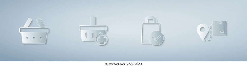 Set Shopping basket, Add to, Paper shopping bag and Location with cardboard box. Paper art style. Vector