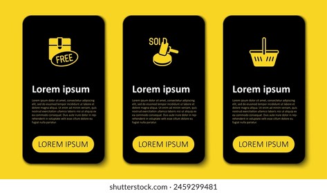 Set Shopping basket, Auction hammer and Cardboard box with free symbol. Business infographic template. Vector
