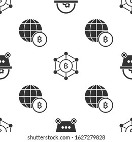 Set Shopping basket with bitcoin, Blockchain technology Bitcoin and Globe and cryptocurrency coin Bitcoin on seamless pattern. Vector