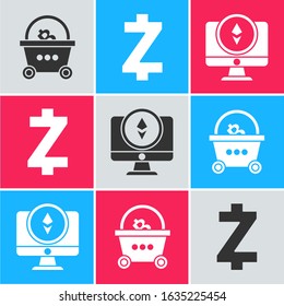 Set Shopping basket with bitcoin, Cryptocurrency coin Zcash ZEC and Monitor and Cryptocurrency coin Ethereum ETH icon. Vector