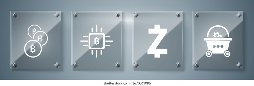 Set Shopping basket with bitcoin, Cryptocurrency coin Zcash ZEC, CPU mining farm and Cryptocurrency coin Bitcoin. Square glass panels. Vector