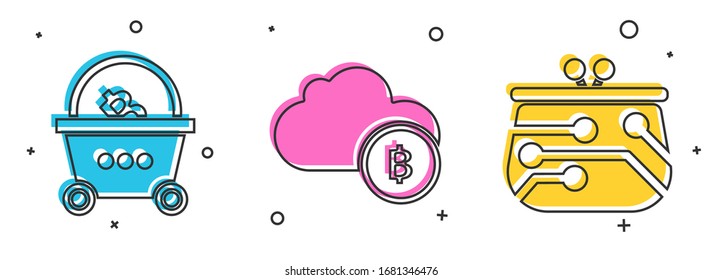 Set Shopping basket with bitcoin, Cryptocurrency cloud mining and Cryptocurrency wallet icon. Vector