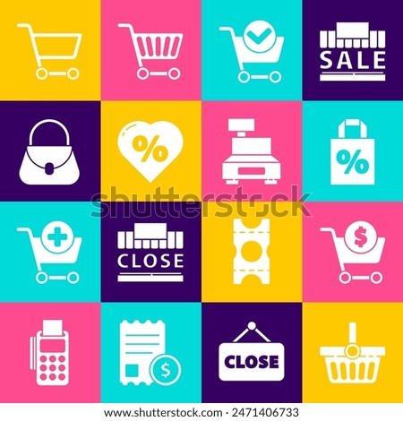 Set Shopping basket, cart and dollar, Shoping bag with percent discount, check mark, Discount tag heart, Handbag,  and Cash register machine icon. Vector