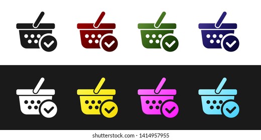 Set Shopping basket with check mark icon isolated on black and white background. Supermarket basket with approved, confirm, done, tick, completed symbol. Vector Illustration