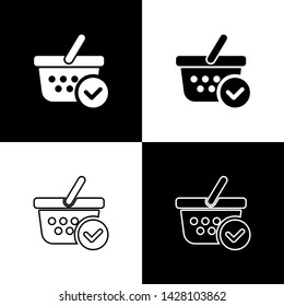 Set Shopping basket with check mark icons isolated on black and white background. Supermarket basket with approved, confirm, done, tick, completed symbol. Vector Illustration