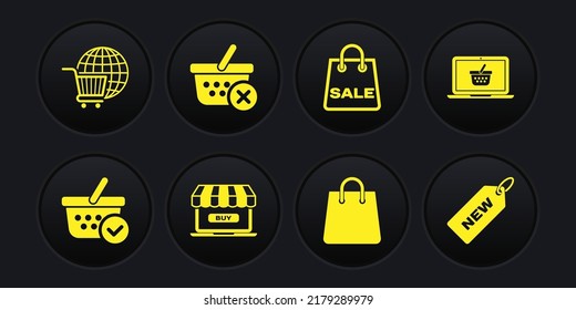 Establezca la cesta de compras con marca de verificación, en portátil, compras en línea, bolso de mano, venta, eliminación, etiqueta de precio Nuevo y icono del globo de carrito. Vector