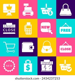 Set Shopping basket with check mark, Hanging sign Closed, Price tag text Free, and dollar, POS terminal credit card, building closed, Monitor shopping and Button New icon. Vector