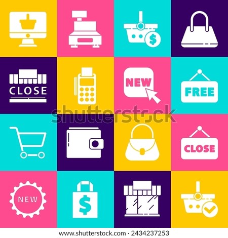 Set Shopping basket with check mark, Hanging sign Closed, Price tag text Free, and dollar, POS terminal credit card, building closed, Monitor shopping and Button New icon. Vector