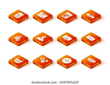 Set Shopping basket, Coin money, Delivery man with cardboard boxes, Seller, Ten discount percent tag, Credit lock, Bank check and pen and Price text Sale icon. Vector