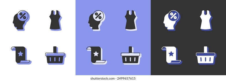 Set Shopping basket, Discount percent tag, Paper check and financial check and Woman dress icon. Vector