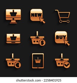 Set Shopping basket and dollar, on tablet, with check mark, Buy button, euro, laptop, cart and Monitor shopping icon. Vector