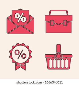 Set Shopping basket, Envelope with an interest discount, Briefcase and Discount percent tag icon. Vector