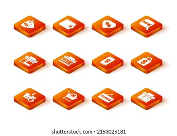 Set Shopping basket and euro, Remove shopping cart, building or market store, sale, Hanging sign with Closed, Smartphone dollar,  and Shoping bag icon. Vector