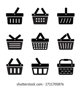 Juego de iconos planos de la cesta de compras. Ilustración del vector