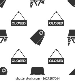 Set Shopping basket and food, Blank label template price tag and Hanging sign with text Closed on seamless pattern. Vector
