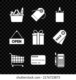 Set Shopping basket and food, Blank label template price tag, Paper shopping bag, cart, Credit card, Pos terminal with inserted credit, Hanging sign text Open door and Gift box icon. Vector