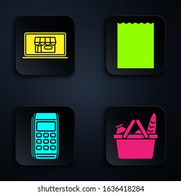 Set Shopping basket and food, Shopping building on screen laptop, Pos terminal and Paper shopping bag. Black square button. Vector