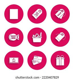 Set Shopping basket and food, Credit card, Gift box, Blank label template price tag, cart on screen laptop, Signboard hanging with inscription shop here, Price Sale and Paper shopping bag icon. Vector