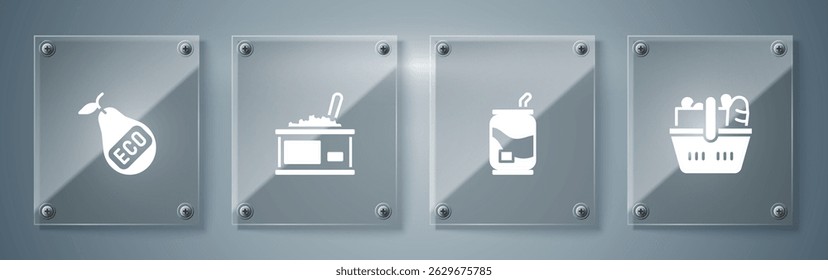 Set Shopping basket and food, Soda can, Tin with caviar and Healthy organic pear. Square glass panels. Vector