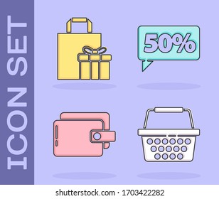 Set Shopping basket, Gift box, Wallet and Fifty discount percent tag icon. Vector