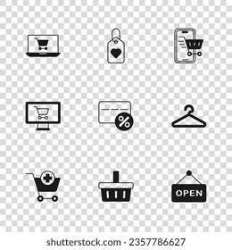 Set Shopping basket, Hanger wardrobe, Hanging sign with text Open, Discount card percent, Mobile shopping cart, on screen laptop, Heart tag and monitor icon. Vector