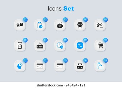 Set Shopping basket, Hanging sign with text Sale, Paper shopping bag, Discount percent tag, cart and food, Location cardboard box and Clock discount icon. Vector