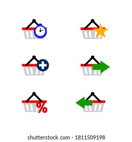 Juego de iconos de la cesta de la compra. Icono de la cesta de compras de vectores. Cesta de compras de estilo plano, aislada.