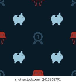 Set Shopping basket, Medal and Piggy bank on seamless pattern. Vector