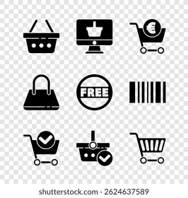 Set Shopping basket, Monitor with shopping, cart and euro, check mark, Handbag and Price tag Free icon. Vector