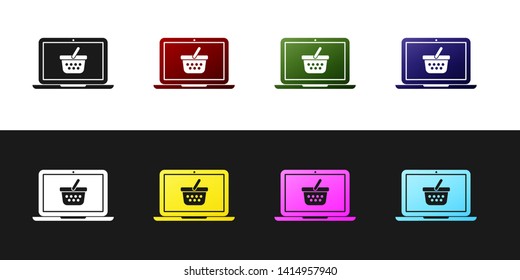 Set Shopping basket on screen laptop icon isolated on black and white background. Concept e-commerce, e-business, online business marketing. Vector Illustration