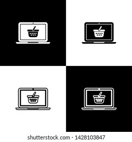 Set Shopping basket on screen laptop icons isolated on black and white background. Concept e-commerce, e-business, online business marketing. Vector Illustration