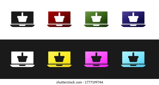 Set Shopping basket on screen laptop icon isolated on black and white background. Concept e-commerce, e-business, online business marketing. Vector Illustration