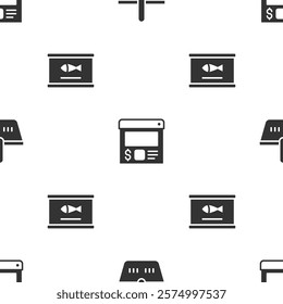 Set Shopping basket, Online ordering and delivery and Canned fish on seamless pattern. Vector