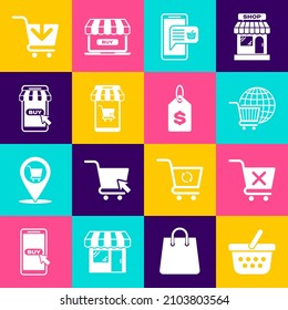 Fijar cesta de compras, Eliminar carrito de compras, con globo, Móvil y, Añadir a y precio icono de etiqueta dólar. Vector