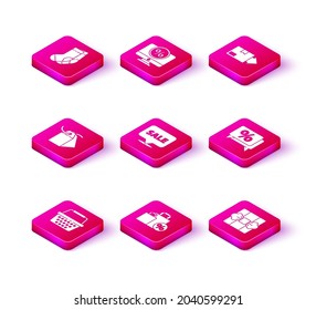 Set Shopping basket, Shoping bag with discount, Blank label template price tag, Hanging sign Sale, Gift box, Discount percent, Carton cardboard and Percent and monitor icon. Vector