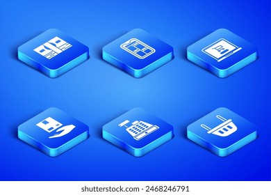 Set Shopping basket, Stacks paper money cash, Cash register machine, Delivery hand with boxes, Online shopping phone and cart laptop icon. Vector