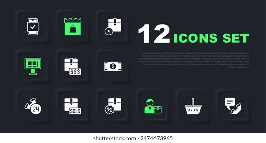 Set Cesta de la compra, Teléfono 24 horas de Asistencia, Precio del artículo con el dólar, comprador, pantalla de compras en línea, vendido, día y caja de cartón icono de descuento. Vector